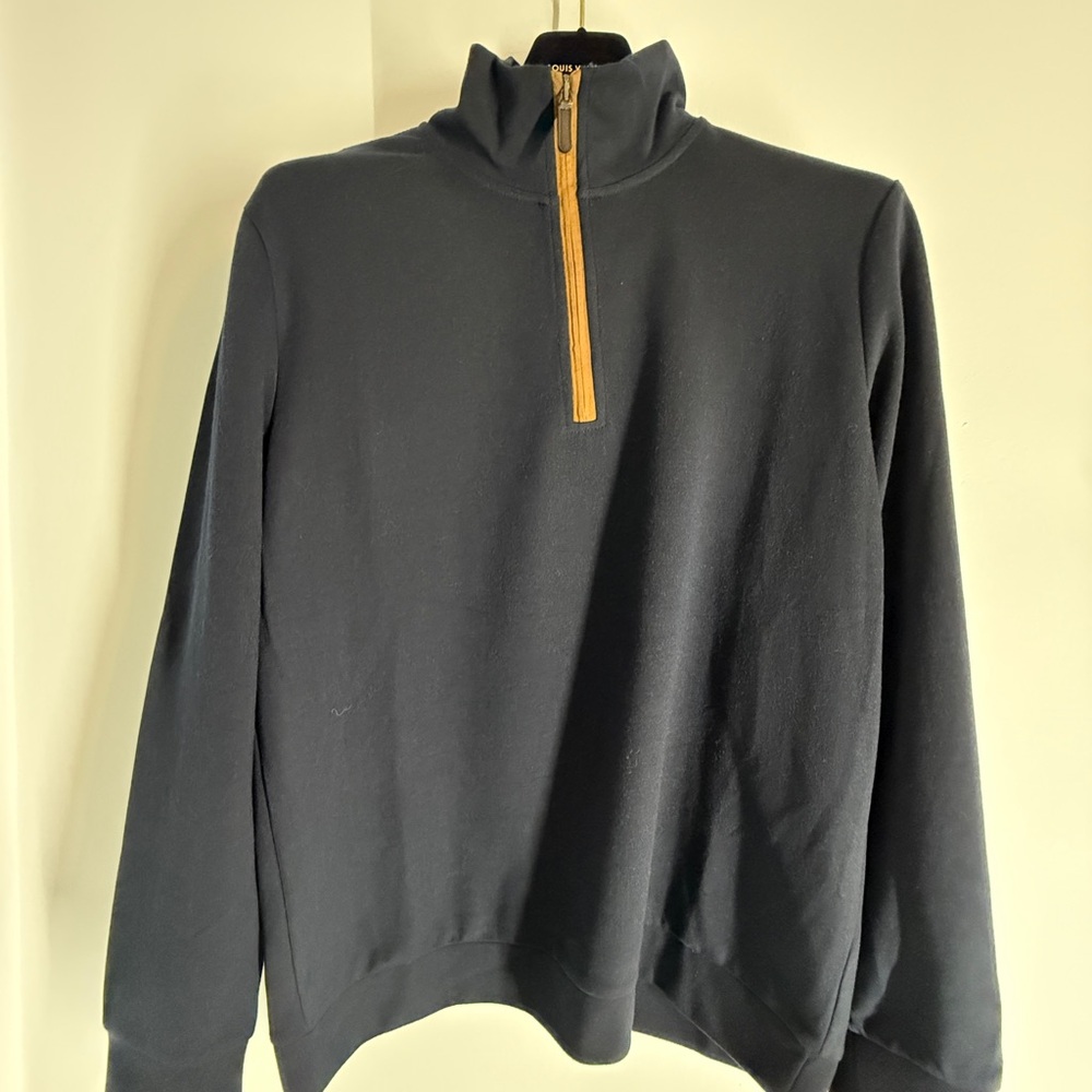Zara Men's Navy Quarter-Zip Pullover Sweater with Brown Contrast Zip